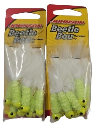  Lot of 2 Johnson Beetle Bou Marabou Jig Fish Bait Hook, Chartreuse, 1/8 Oz., 