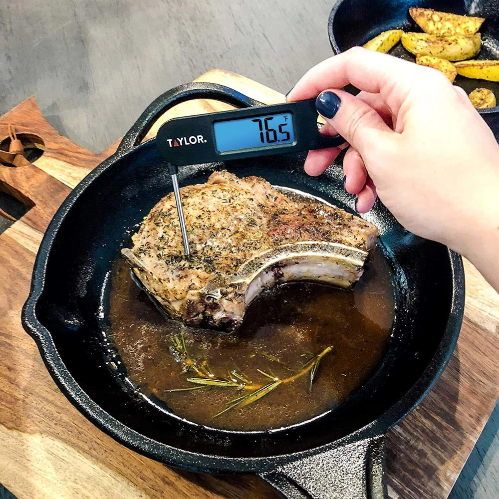 Digital Meat Thermometer with Stainless Steel Folding Probe and Blue Display