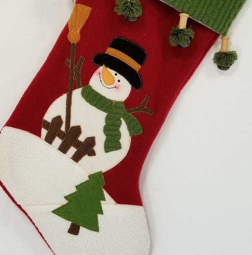 Snowman Christmas Stocking Green Red Jingle Bells Tree Fence Holiday - Picture 5 of 9