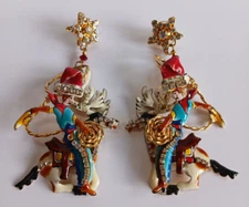 LUNCH AT THE RITZ BIG VINTAGE ENAMEL CHRISTMAS COWBOY DANGLE PIERCED EARRINGS