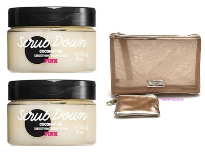 Victoria's Secret PINK Scrub Down Coconut Oil Smooth Body Scrub 10 oz 2 Jars Bag