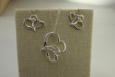 NEW Double Heart Pendant 18 in Necklace Earring SET Solid 925 STERLING SILVER