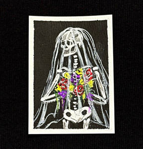 ACEO Art - Skeleton Bride, Flowers, Horror, Goth - Acrylic 2.5x3.5 by M.A.R