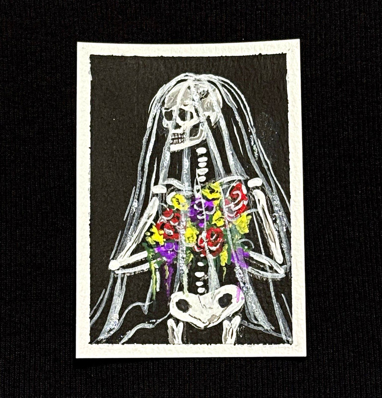 ACEO Art - Skeleton Bride, Flowers, Horror, Goth - Acrylic 2.5x3.5 by M.A.R