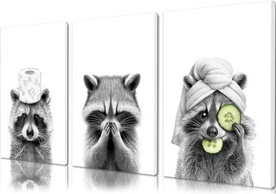 3 Stück Lustige Raccoon Bilder Badezimmer Poster Schwarz-Weiß A4 Bild Badezimmer