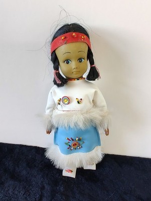 VTG  Plastic Doll 11  Native American Indian Girl -Leather Fur Costume