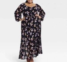 AVA & VIV Women’s Long  Dress Size 1XL Long Balloon Sleeve Cinched Mesh Floral