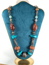 Vintage Necklace Large Turquoise, Silver and Beaded , Boho Chunky Unknown Origin