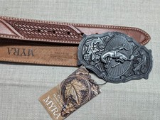 vintage Y2K buckle belt TOOLED cowhide leather 38 brown WESTERN cowboy RODEO