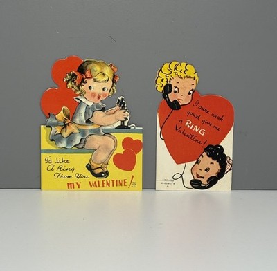 2 Vtg Valentines Cards Little Girl On Phone  Give Me A Ring   I d Like A Ring 