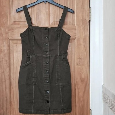 H&M Divided Olive Green Button-Down Overall Denim Dress With Adjustable Strap