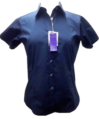 Henbury Oxford Shirt Navy Blue Stretch Short Sleeve Collar Size 10 New