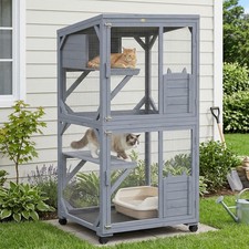 PawHut Outdoor Catio, Wooden Cat House on Exercise Wheels Indoor Outdoor