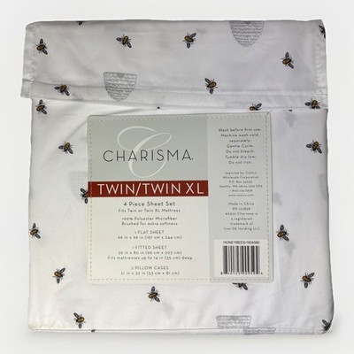 Charisma Twin Twin XL Sheet Set 4 Pc Honeybees Bumble Bee White Microfiber NWT