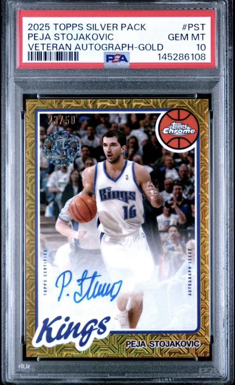 25-26 Topps Bball '80-81 Chrome Gold #80CA2PST Peja Stojakovic Auto /50, PSA 10 view 1