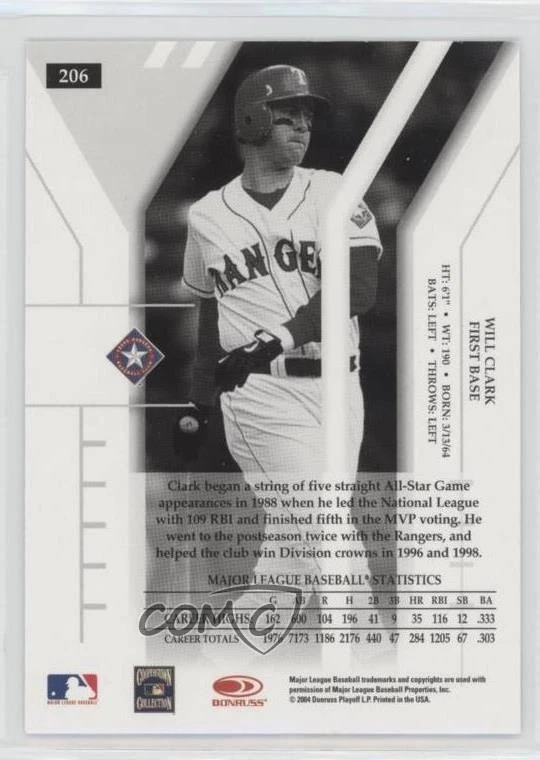 2004 Donruss Elite Extra Edition /1000 Will Clark #206 - Image 2 of 2