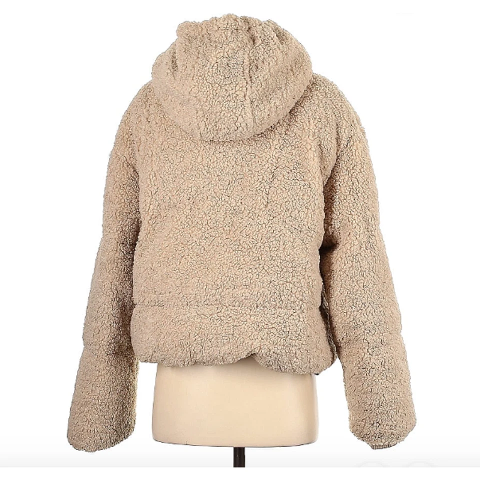 TOPSHOP Teddy Heavy Hooded Coat XS Cream Warm Sherpa Crop Outerwear - Image 2 of 3