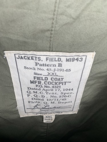 Cockpit USA M1943 Field Coat Jacket Khaki Tan Made in USA Size XXL - Picture 8 of 8