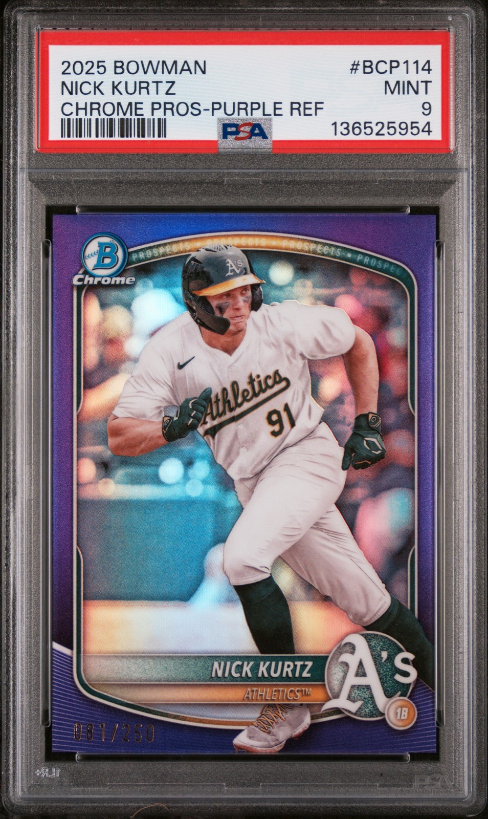 2025 BOWMAN CHROME PROSPECTS PURPLE REFRACTOR #BCP114 NICK KURTZ 81/250 PSA 9