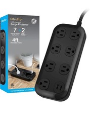 GE Surge Protector Power Strip with 7-Outlets, 2 USB-A, 2.4A, 1470 Joules, Black