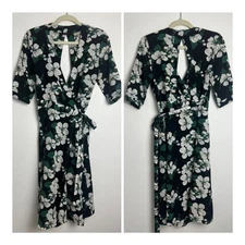Anthropologie Ethereal By Paper Crane White Green Floral True Wrap Midi Dress S
