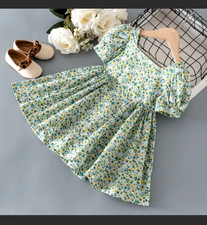 New Girls Multi Color Back Bow Design Floral Print Bubble Sleeve Dress Size 3-4T