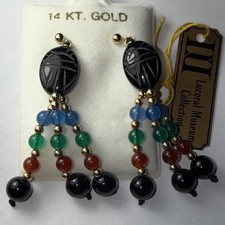 Earrings 14k Gold Egyptian Revival Onyx Scarab Dangles Lucoral Museum Vintage 2”