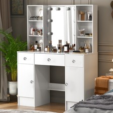 Large Vanity Desk Set with Sliding Lighted Mirror Makeup Dressing Table Hidden