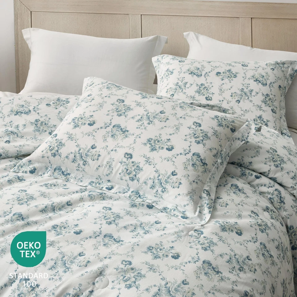 Gigi 3-Piece Full Size Washed Cotton Floral Comforter Set - Elegant Blue Ivor... - Image 4 of 4