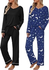 Ekouaer Women's 2 Pack Long Sleeve Pants Pajama Sets - Black  Navy Star - 2XL