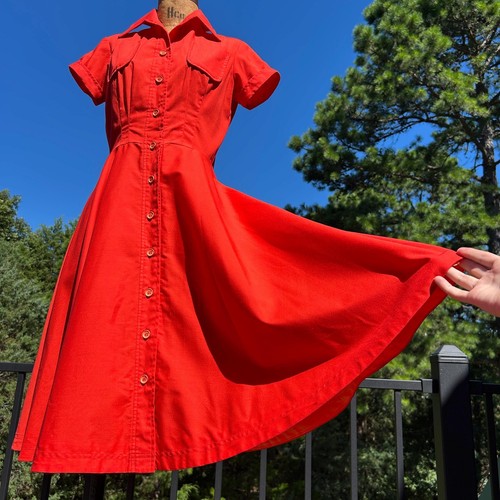 Vintage 60s Tomato Red Full Circle Skirt Shirtwaist Dress + Pockets XS S - Picture 5 of 8