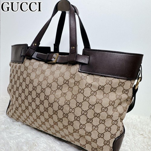 GUCCI GG Tote Hand Bag Belt Lock Leather Canvas Brown Beige Gold Hardware Japan