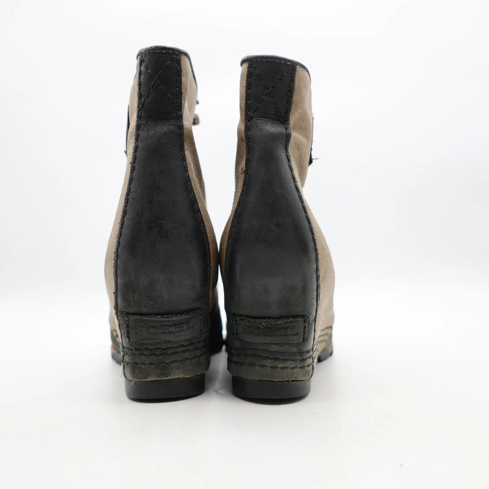 Botas anabela Sorel Lexie couro preto lona cinza femininas EUA tamanho 10 tornozelo - Imagem 4 de 4