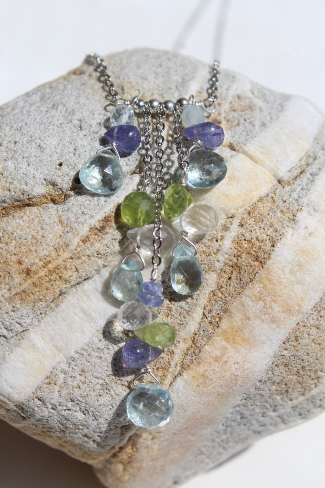 Collier aigue-marine péridot tanzanite, bijou argent 925 femme