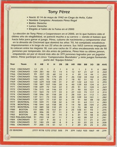 TONY PEREZ Nabisco Latino Legends del Beisbol Promo thick cardboard picture - Picture 2 of 2