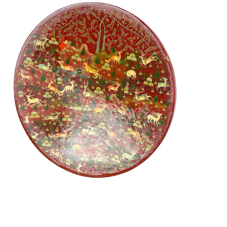 Cachemira Mughal Papel Maché Escena de Caza Placa Bandeja Dorada Zorro Conejo León Rojo Foto 4 de 4