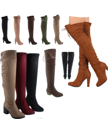 Women's Fashion Back Lace Up Chunky Heel Over The Knee Boots Shoes Size ...