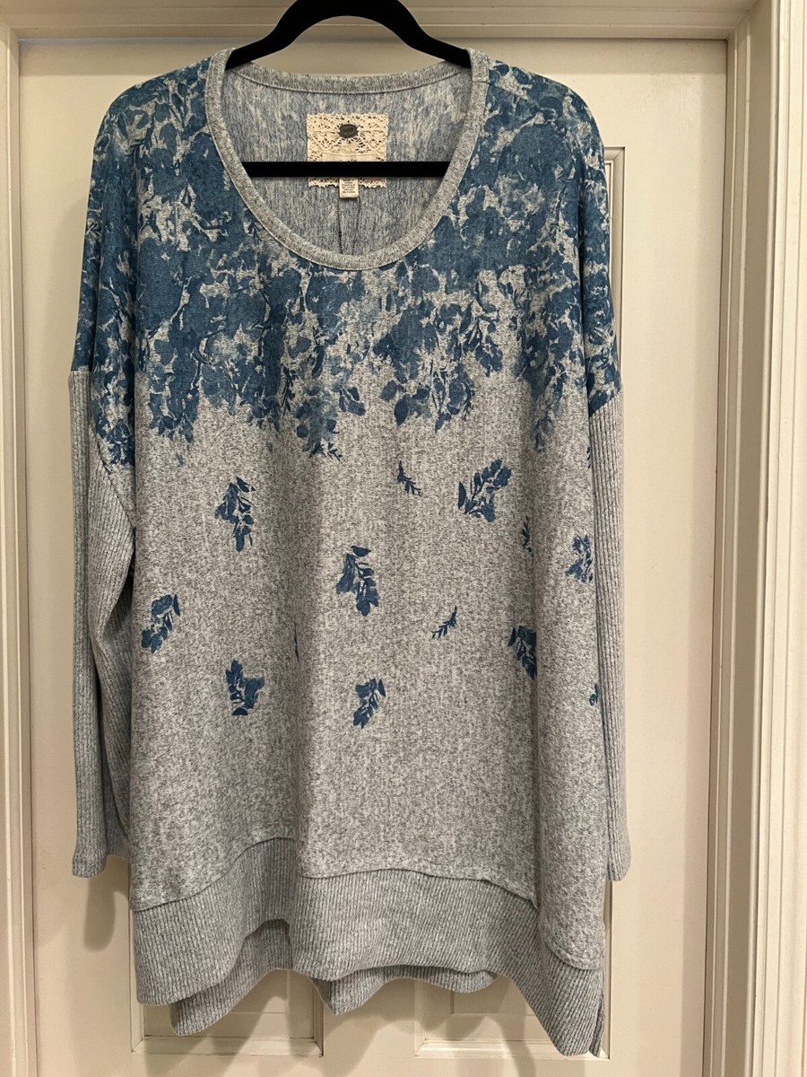 NWT CUPIO WOMAN BLUSH Heather Gray Blue Floral Sweater Size 3x
