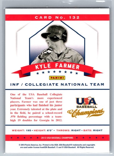 Campeones de béisbol de Estados Unidos 2013 #132 Kyle Farmer autografiados/firmados de Estados Unidos - Imagen 2 de 2