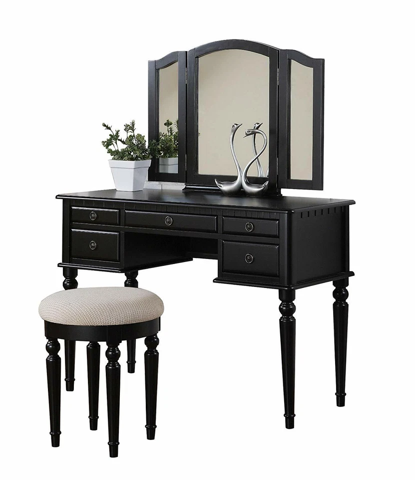 Mueble tocador de mesa de maquillaje con espejo plegable Bobkona negro con taburete 5 cajones Foto 2 de 4