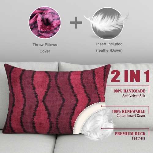 Handmade Feather Insert Velvet Ikat Throw Pillow Red 16 x 24 in (40 x 60 cm) - Picture 2 of 12