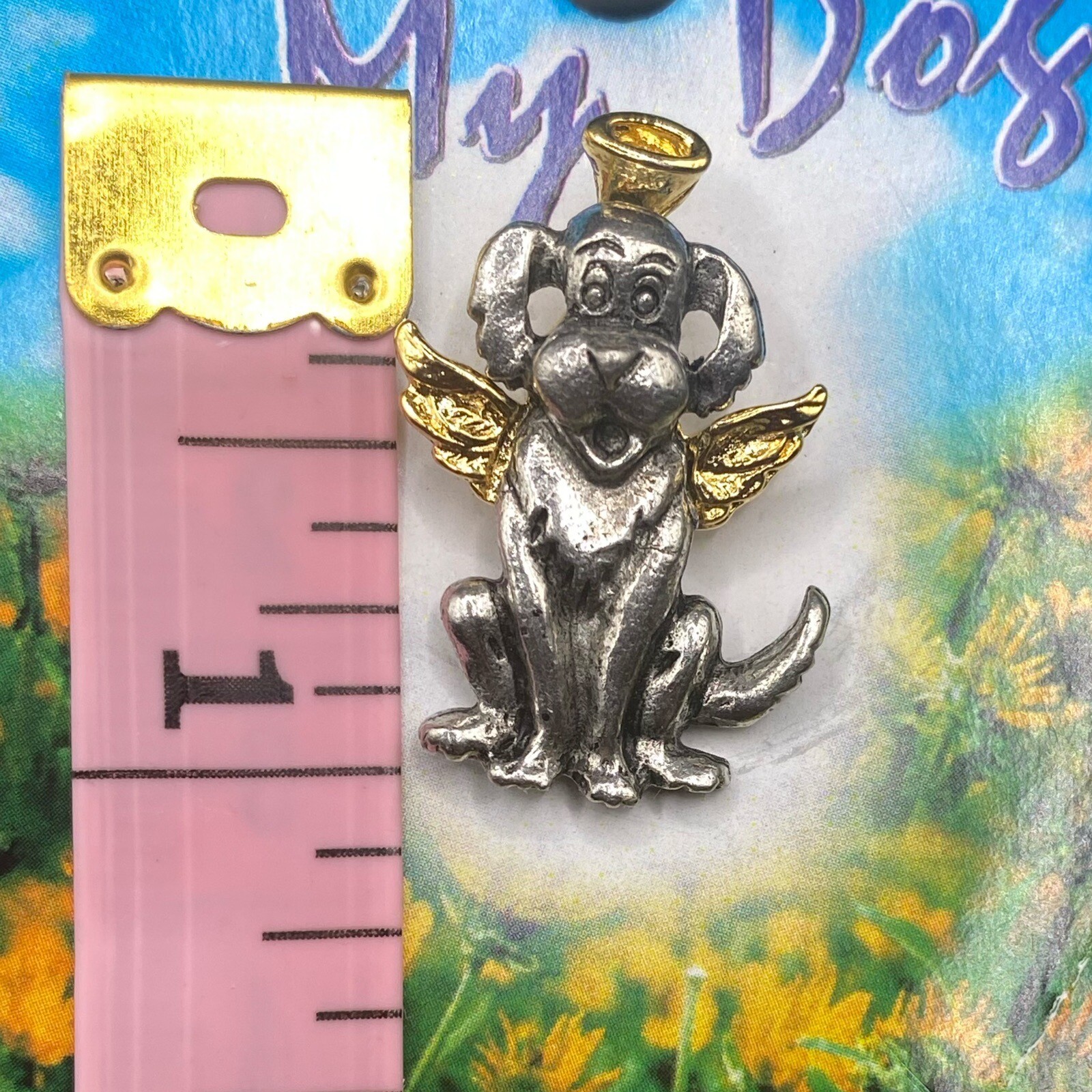 THOUGHTFUL LITTLE ANGELS Dog Angel Pin Made In USA Silver & Gold Tone