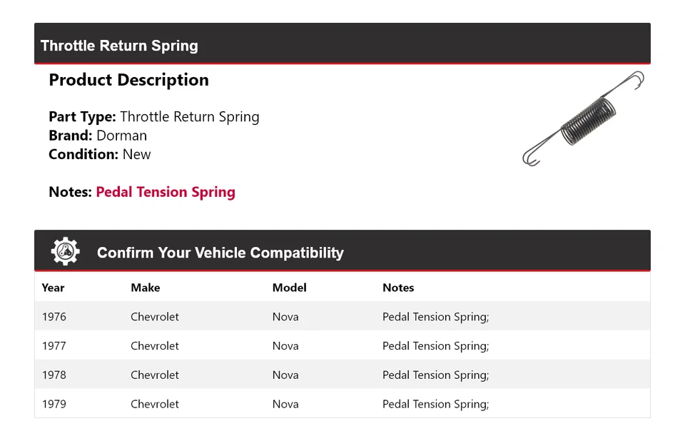 Возвратная пружина дроссельной заслонки для Chevrolet Nova Dorman 1976-1979 годов выпуска 1977 1978 - Изображение 2 из 4