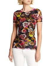 FUZZI Floral Print Short-Sleeve T-Shirt Tulle Top made in Italy MSRP$235