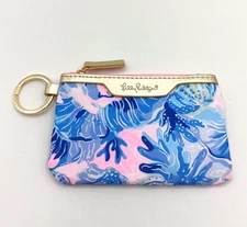 Lilly Pulitzer Mini ID Wallet Coin Purse Key Ring Tropical Splash Blue and Pink