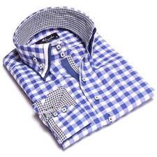 Checkered Blue  White Mens Slim Fit Designer Dress Shirt - tailored Cotton Shir
