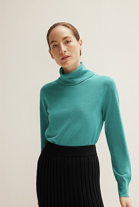 TRENERY Pure Merino Knit Jumper Roll Neck Opal Green XXS / AU6 EUC