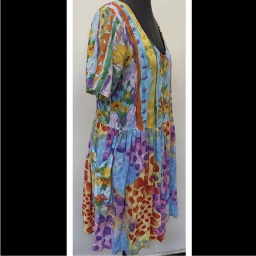 VINTAGE 1980s JAMS WORLD LIGHTWEIGHT RAYON HATTIE DRESS POLKA DOT AQUA POCKETS L - Picture 3 of 6