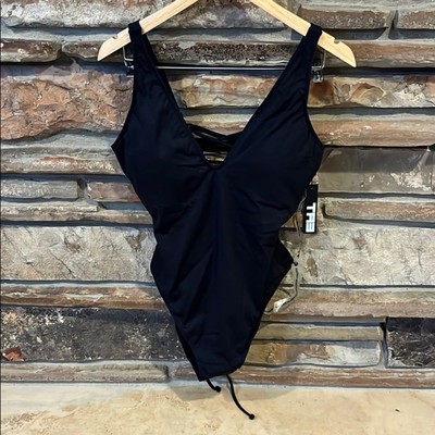TA3 Brazilian Plungey Push-Up One Piece Swimsuit in Black Snatched Waist