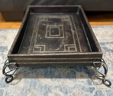 Vtg Rustic Distressed Wood Serving Tray Scrolled Metal Iron Legs 20" x 14" HEAVY